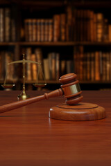 Wooden gavel and justice scales with defocused library in the background. Justice concept. 3d illustration.
