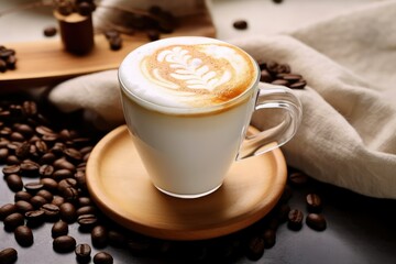 Cup of coffee with latte art on table, closeup, coffee with coffee beans, coffee art, latte coffee, foamy coffee