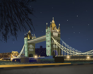Fototapeta na wymiar hand drawn digital illustration background of tower bridge at night
