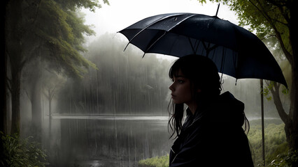 Sad girl with an umbrella in the park in the rain