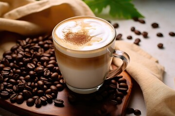 Cappuccino or latte coffee with milk foam and coffee beans, cappacino, foamy coffee with coffee beans