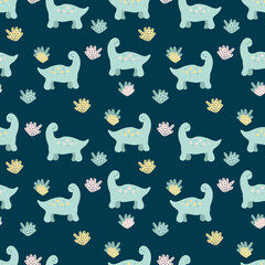 Summer seamless pattern with dinosaurs and plants. Animalistic print for tee, textile and fabric. Hand drawn illustration for decor and design.