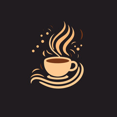 Coffee drink cup saucer swirling steam vapour brown liquid contents, dark background