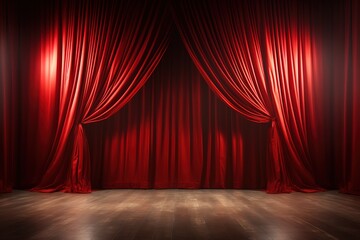 red curtain on theater wood stage with red velvet seats - obrazy, fototapety, plakaty