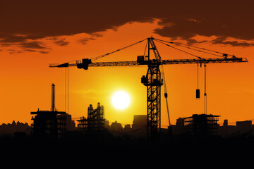 Ethereal Sunset Silhouette: Construction Crane Reaching for the Sky, a Symbol of Ambition and Progress on the Urban Horizon