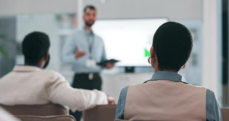 Business people, feedback and woman with questions, seminar and conference with corporate training, talking and audience. Presenter, crowd or coaching in a workshop, learning and why with information