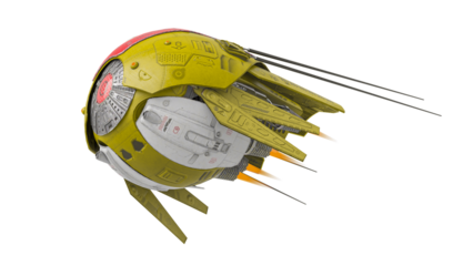 alien drone is flying and passing by in white background