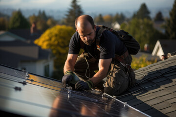 worker installs solar panels on the roof of a house, green energy concept
