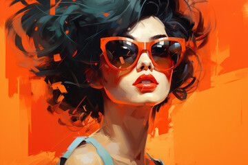 Young attractive woman fashion model in sunglasses in paint painting style