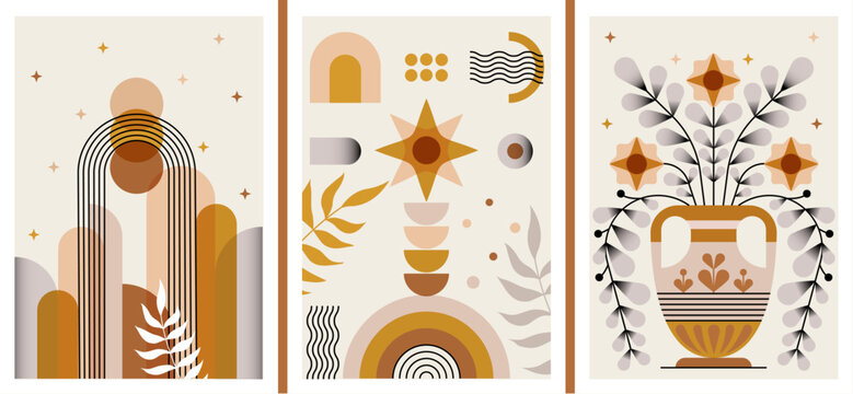 Colorful abstract Boho Art Prints, Wall Art in minimalistic modern style. Floral, geometric abstractions. For postcards, promo materials, branded stationary, flyers. Modern t-shirt textile print.