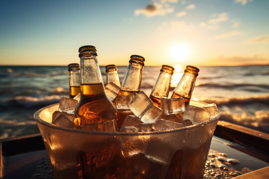 container with ice filled with beer bottles on the beach against background of the sea