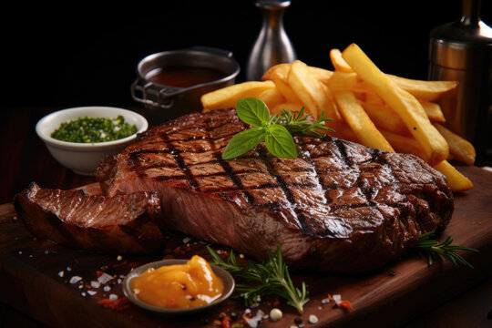 grilled juicy steak with French fries