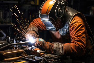working welder in a protective mask and suit welds with a welding machine