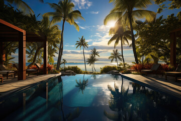 Fototapeta premium swimming pool in tropical resort against the backdrop of palm trees and blue sky