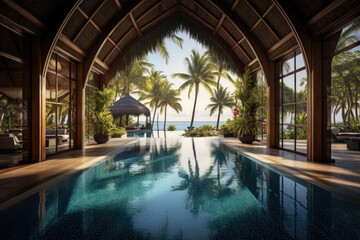Obraz na płótnie Canvas tropical resort with pool against blue sky