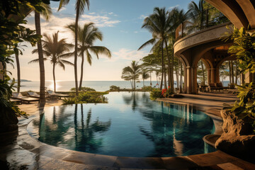 Fototapeta na wymiar tropical resort with pool against blue sky