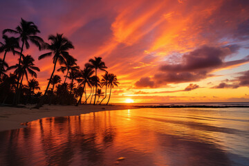 Fototapeta na wymiar Beautiful tropical beach with palm tree silhouettes against sunset background. Copy space for text