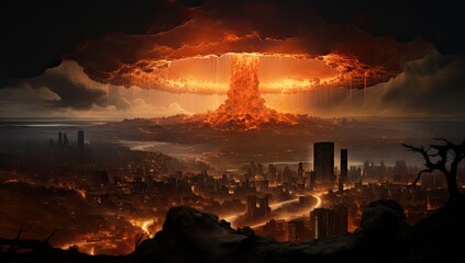 Krater atomowy po wybuchu bomby w mieście.  - obrazy, fototapety, plakaty