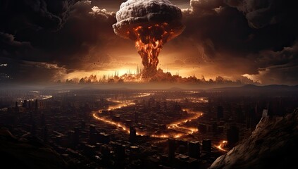 Krater atomowy po wybuchu bomby w mieście.  - obrazy, fototapety, plakaty