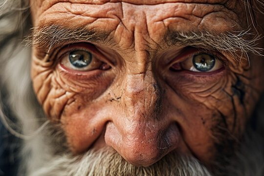 Close up generated ai picture of old elderly upset unhappy man with a wrinkled face living alone