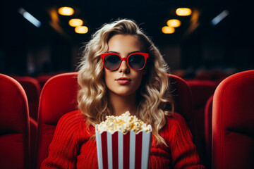 Obraz premium Generative AI technology illustration young student person watching cinema premiere movie have fun