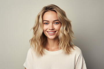 Obraz premium Illustration generative AI collage amazing beauty blonde woman smiling toothy beaming isolated pastel color background