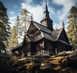 Piękny mały kościół w lesie.  - obrazy, fototapety, plakaty