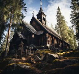 Piękny mały kościół w lesie.  - obrazy, fototapety, plakaty