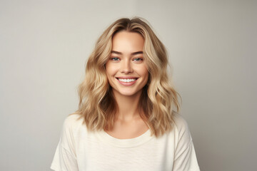Fototapeta premium Generative AI illustration collage charming blonde woman smiling white teeth good mood isolated pastel color wall background