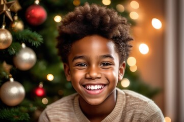 Wide shot portrait optimistic cheerful African American handsome boy laughing, looking at camera, posing on Christmas tree background at home, blogger shooting vlog