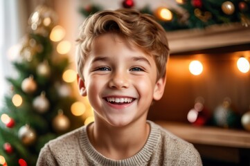 Wide shot portrait smiling positive Caucasian handsome boy laughing, looking at camera, posing on Christmas tree background at home, blogger shooting vlog, having fun