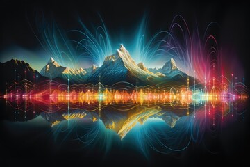 Kolorowe fale dźwiękowe na tafli górskiego jeziora.  widok pola elektromagnetycznego - obrazy, fototapety, plakaty