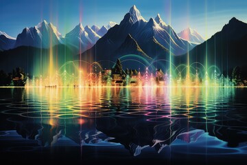 Kolorowe fale dźwiękowe na tafli górskiego jeziora.  widok pola elektromagnetycznego - obrazy, fototapety, plakaty