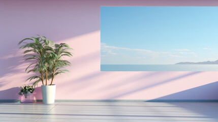 Blue and pink wall background. Pink wall, houseplant, window overlooking the seascape