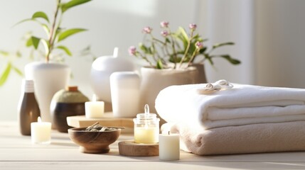 Fototapeta na wymiar Herbal bags and beauty treatment items setting in spa on white wooden table. AI Generated.