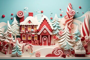 Fototapeta premium 3D Paper Quilling of some Christmas Decors. Beautiful House Decorated.
