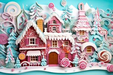 Fototapeta na wymiar 3D Paper Quilling of some Christmas Decors. Beautiful House Decorated.