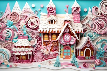 Fototapeta premium 3D Paper Quilling of some Christmas Decors. Beautiful House Decorated.