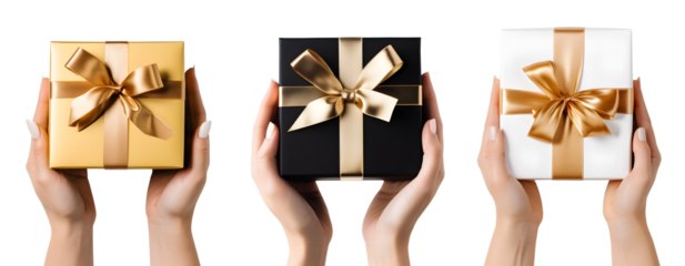 Hand holding Gift present box with bow, gold ribbon collection on transparent background cutout. PNG file. Many assorted different design. Mockup template for artwork design