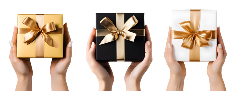 Hand holding Gift present box with bow, gold ribbon collection on transparent background cutout. PNG file. Many assorted different design. Mockup template for artwork design