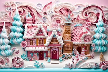 Fototapeta premium 3D Paper Quilling of some Christmas Decors. Beautiful House Decorated.