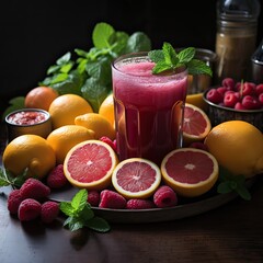 Food Photography of a lot of Fruit over a Dark Background.
