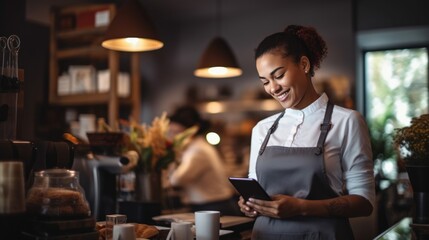 Portrait of beautiful barista standing at coffee shop, Small business concept. AI Generated.