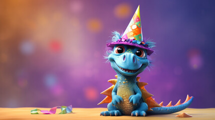 Cute dragon with birthday hat on background, copy space, generative AI