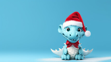 Cute dragon dressed in Santa Claus hat, on blue background, space for text, generative AI