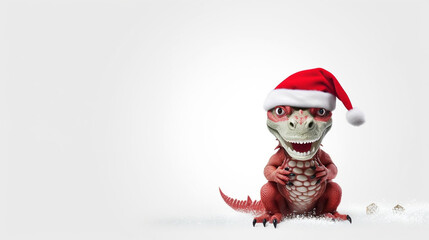 Cute dragon dressed in Santa Claus hat on white background, space for text, generative AI
