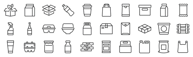 Set of 30 outline icons related to packages. Linear icon collection. Editable stroke. Vector illustration