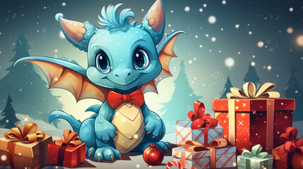 Cute dragon with christmas baubles and gift boxes, space for text, generative AI