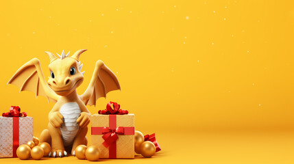 Cute dragon with christmas baubles and gift boxes on yellow background, space for text, generative AI