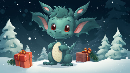 Cute dragon with christmas tree, space for text, Merry christmas card. Winter holiday theme. Happy New Year, generative AI